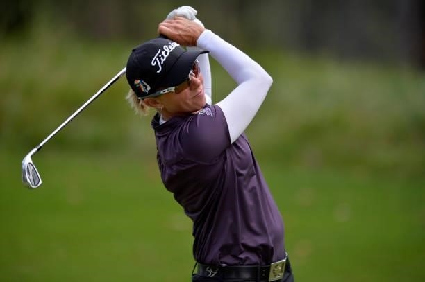 Alena Sharp of Canada tees off during the second round of the KPMG Women's PGA Championship at Atlanta Athletic Club on June 25, 2021 in Johns Creek,...