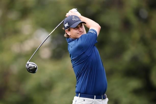 Henrik Norlander of Sweden plays his shot from the sixth tee during the second round of the Travelers Championship at TPC River Highlands on June 25,...