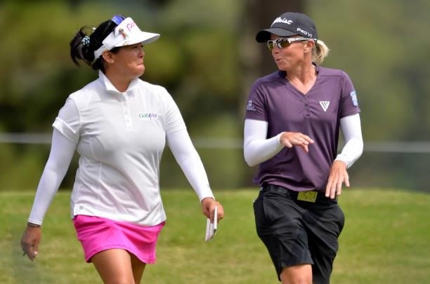 Jane Park and Alena Sharp of Canada during the second round of the KPMG Women's PGA Championship at Atlanta Athletic Club on June 25, 2021 in Johns...