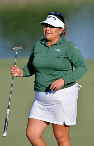 Lizette Salas reacts to a missed putt on the 18th green during the second round of the KPMG Women's PGA Championship at Atlanta Athletic Club on June...