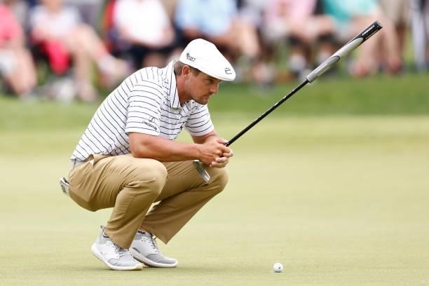 Bryson DeChambeau of the United States lines up a putt on the fifth green during the second round of the Travelers Championship at TPC River...