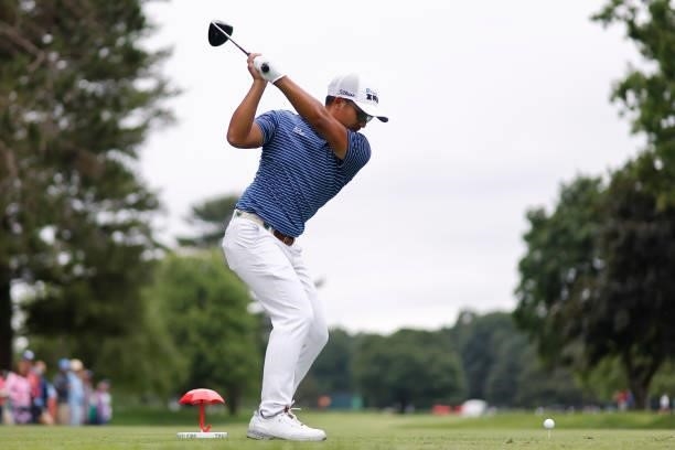Pan of Taiwan plays his shot from the sixth tee during the second round of the Travelers Championship at TPC River Highlands on June 25, 2021 in...