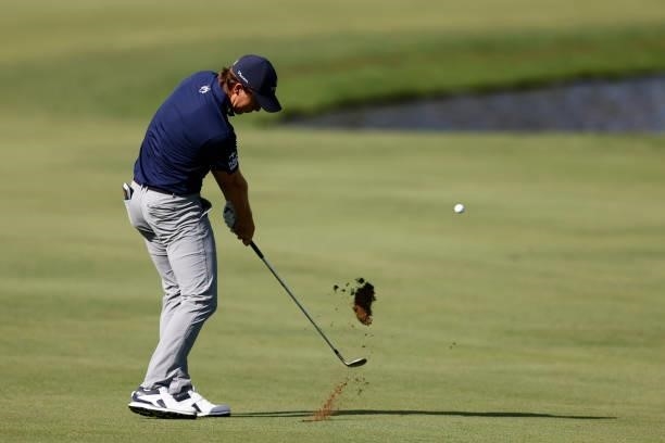 Carlos Ortiz of Mexico plays a shot on the 17th hole during the second round of the Travelers Championship at TPC River Highlands on June 25, 2021 in...