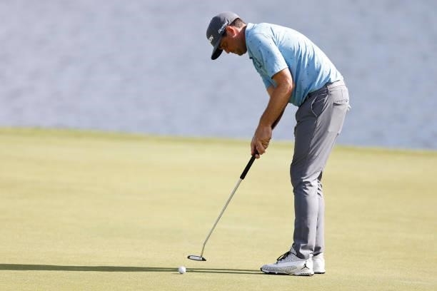 Keegan Bradley of the United States putts on the 17th green during the second round of the Travelers Championship at TPC River Highlands on June 25,...