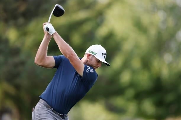 Sam Burns of the United States plays his shot from the seventh tee during the second round of the Travelers Championship at TPC River Highlands on...