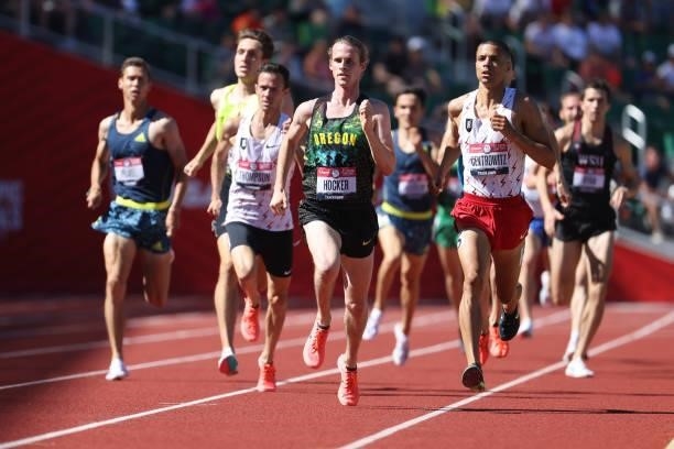 Cole Hocker and Matthew Centrowitz compete in the Men's 1500 Meters Semi-Final during day eight of the 2020 U.S. Olympic Track & Field Team Trials at...