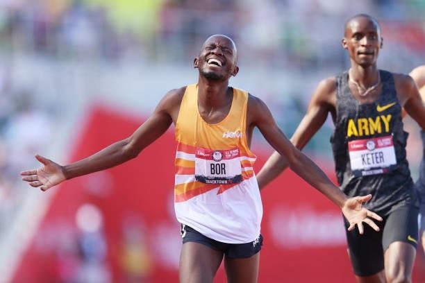 Hillary Bor and Benard Keter cross the finishline in the Men's 3000 Meters Steeplechase Final during day eight of the 2020 U.S. Olympic Track & Field...