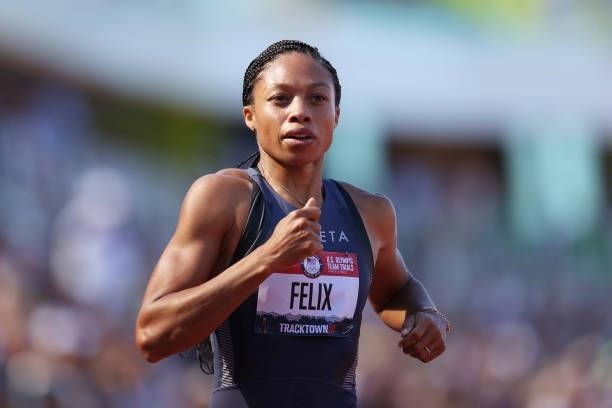 Allyson Felix competes in the Women' 200 Meters Semi-Finals during day eight of the 2020 U.S. Olympic Track & Field Team Trials at Hayward Field on...