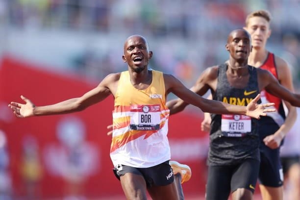 Hillary Bor and Benard Keter cross the finishline in the Men's 3000 Meters Steeplechase Final during day eight of the 2020 U.S. Olympic Track & Field...