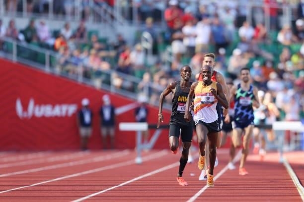 Hillary Bor leads the field to the finish line in the Men's 3000 Meters Steeplechase Final during day eight of the 2020 U.S. Olympic Track & Field...
