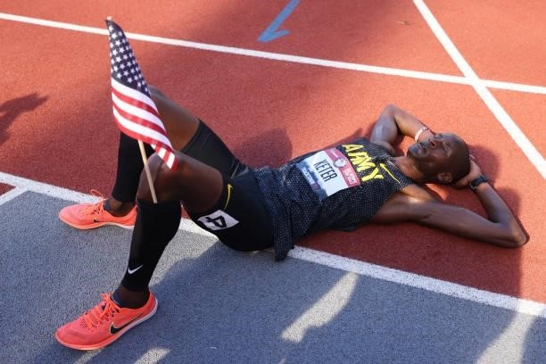 Benard Keter reacts after finishing second in the Men's 3000 Meters Steeplechase Final during day eight of the 2020 U.S. Olympic Track & Field Team...