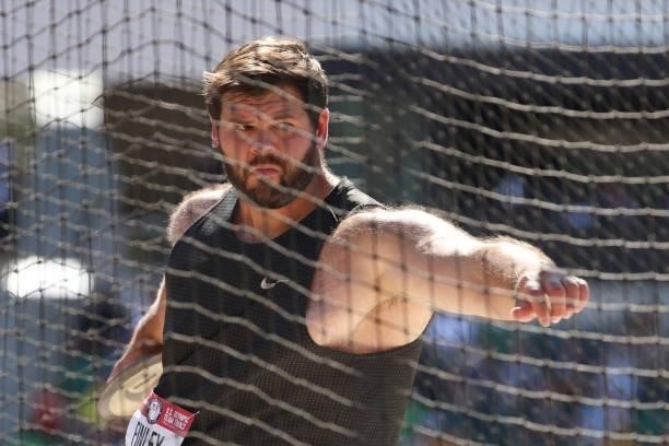 Mason Finley competes in the Men's Discus Throw Final during day eight of the 2020 U.S. Olympic Track & Field Team Trials at Hayward Field on June...