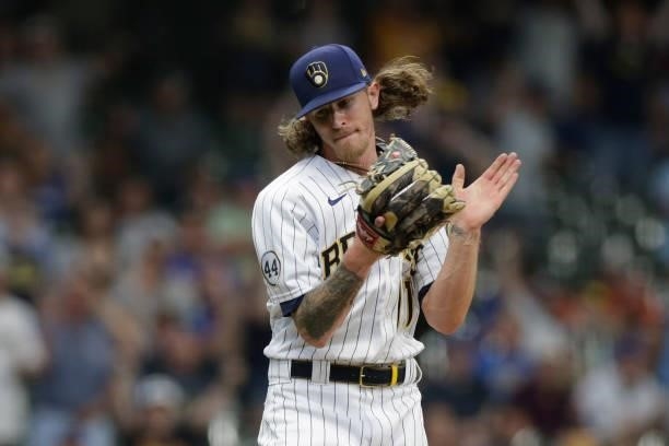 Josh Hader of the Milwaukee Brewers reacts after striking out a batter in the ninth inning against the Colorado Rockies at American Family Field on...