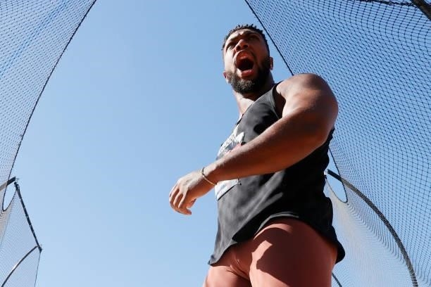 Reggie Jagers competes in the Men's Discus Throw Final during day eight of the 2020 U.S. Olympic Track & Field Team Trials at Hayward Field on June...
