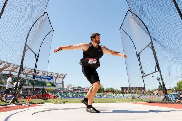 Mason Finley competes in the Men's Discus Throw Final during day eight of the 2020 U.S. Olympic Track & Field Team Trials at Hayward Field on June...