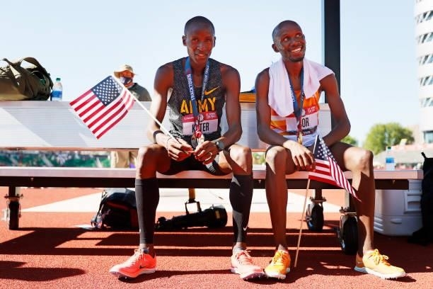 Hillary Bor and Benard Keter celebrate after the Men's 3000 Meters Steeplechase Final during day eight of the 2020 U.S. Olympic Track & Field Team...