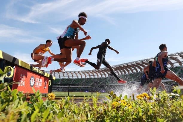 Athletes compete in the Men's 3000 Meters Steeplechase Final during day eight of the 2020 U.S. Olympic Track & Field Team Trials at Hayward Field on...