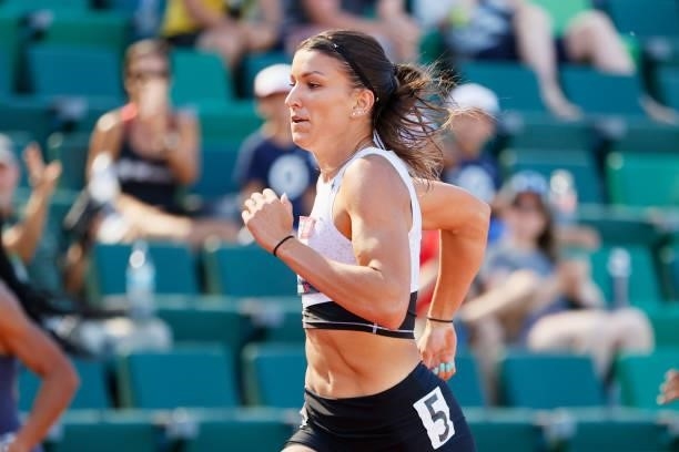 Jenna Prandini competes in the Women' 200 Meters Semi-Finals during day eight of the 2020 U.S. Olympic Track & Field Team Trials at Hayward Field on...