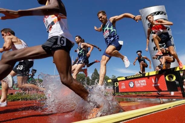 Athletes compete in the Men's 3000 Meters Steeplechase Final during day eight of the 2020 U.S. Olympic Track & Field Team Trials at Hayward Field on...