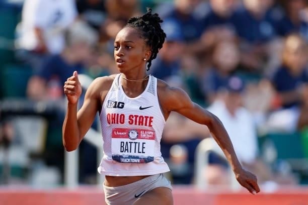 Anavia Battle competes in the Women' 200 Meters Semi-Finals during day eight of the 2020 U.S. Olympic Track & Field Team Trials at Hayward Field on...