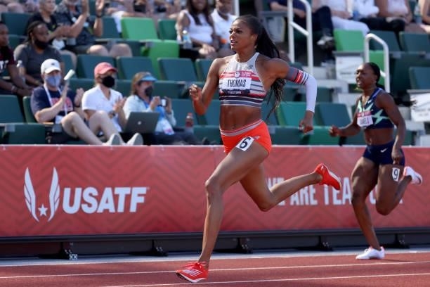 Gabby Thomas competes in the Women' 200 Meters Semi-Finals during day eight of the 2020 U.S. Olympic Track & Field Team Trials at Hayward Field on...