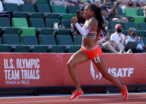 Gabby Thomas competes in the Women' 200 Meters Semi-Finals during day eight of the 2020 U.S. Olympic Track & Field Team Trials at Hayward Field on...