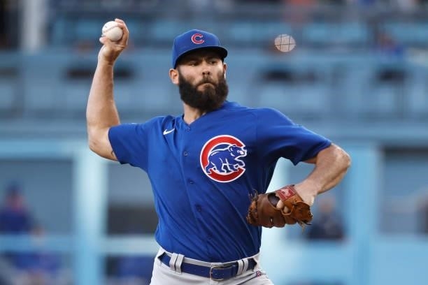 Jake Arrieta of the Chicago Cubs pitches against the Los Angeles Dodgers during the first inning at Dodger Stadium on June 25, 2021 in Los Angeles,...