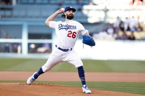 Tony Gonsolin of the Los Angeles Dodgers pitches against the Chicago Cubs during the first inning at Dodger Stadium on June 25, 2021 in Los Angeles,...