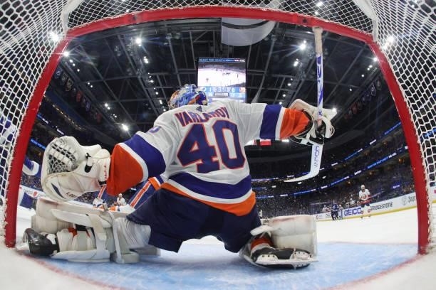 Semyon Varlamov of the New York Islanders makes the save against the Tampa Bay Lightning during the third period in Game Seven of the NHL Stanley Cup...