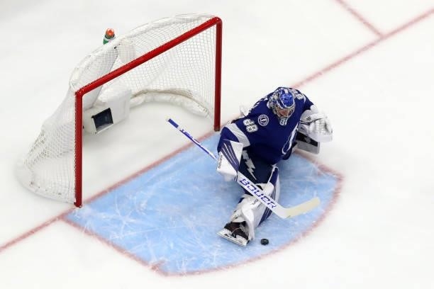 Andrei Vasilevskiy of the Tampa Bay Lightning makes the save against the New York Islanders during the first period in Game Seven of the NHL Stanley...
