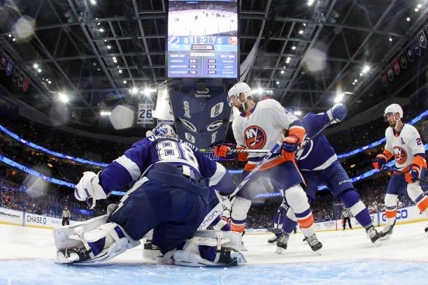 Andrei Vasilevskiy of the Tampa Bay Lightning tends net against Travis Zajac of the New York Islanders during the second period in Game Seven of the...