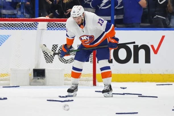 Mathew Barzal of the New York Islanders reacts after his teams 1-0 loss against the Tampa Bay Lightning in Game Seven of the NHL Stanley Cup...