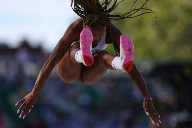Tara Davis competes in the first round of the Women's Long Jump on day seven of the 2020 U.S. Olympic Track & Field Team Trials at Hayward Field on...