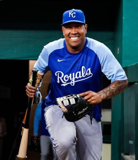 Salvador Perez of the Kansas City Royals walks out from the dugout prior to the game against the Texas Rangers at Globe Life Field on June 25, 2021...