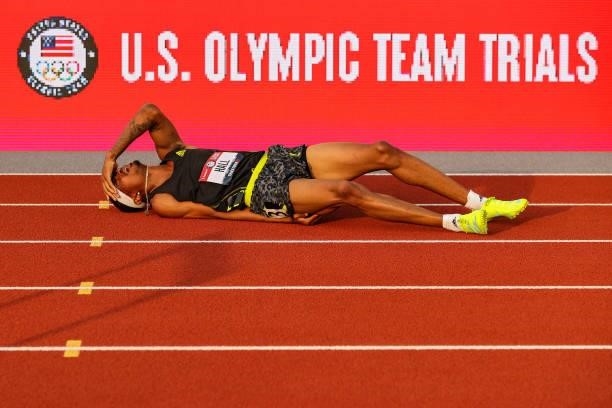 Quincy Hall lies on the track after a fall in the first round of the Men's 400 Meter Hurdles on day seven of the 2020 U.S. Olympic Track & Field Team...