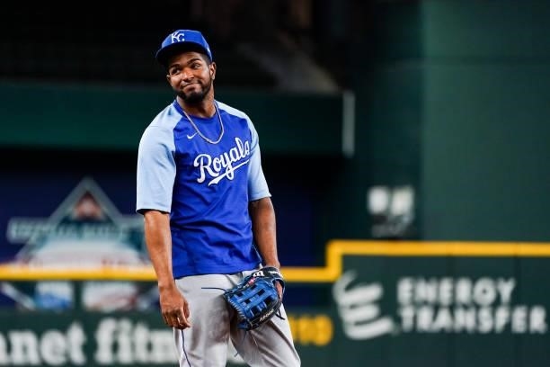 Hanser Alberto of the Kansas City Royals looks on during batting practice before the game against the Texas Rangers at Globe Life Field on June 25,...
