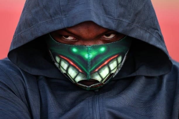 Raven Saunders wears a mask before she competes in the Women's Shot Put Finals on day seven of the 2020 U.S. Olympic Track & Field Team Trials at...