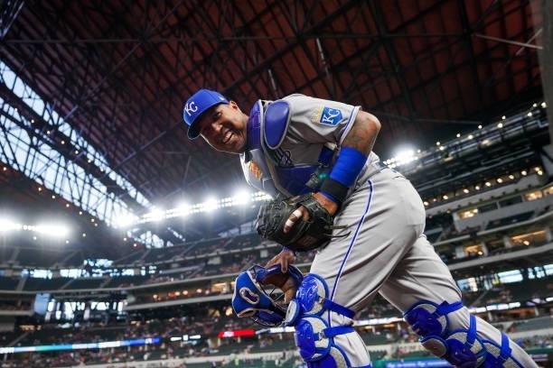 Salvador Perez of the Kansas City Royals exits the dugout prior to the game against the Texas Rangers at Globe Life Field on June 25, 2021 in...