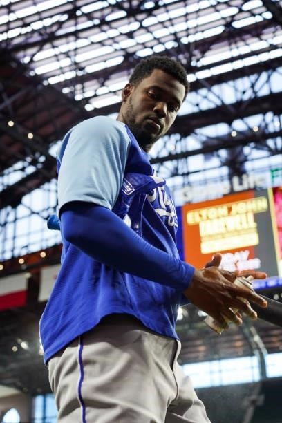 Jorge Soler of the Kansas City Royals during Batting practice before the game against the Texas Rangers at Globe Life Field on June 25, 2021 in...