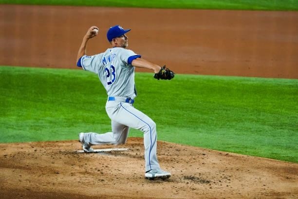 Mike Minor of the Kansas City Royals pitches during the game against the Texas Rangers at Globe Life Field on June 25, 2021 in Arlington, Texas.