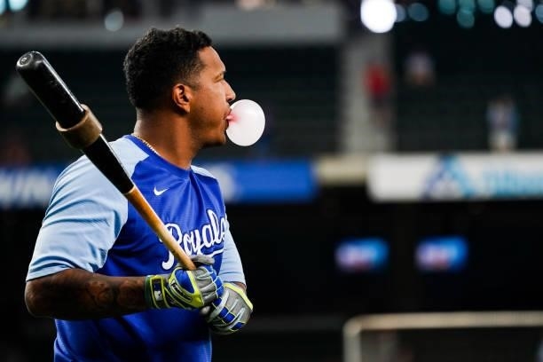 Salvador Perez of the Kansas City Royals during batting practice before the game against the Texas Rangers at Globe Life Field on June 25, 2021 in...