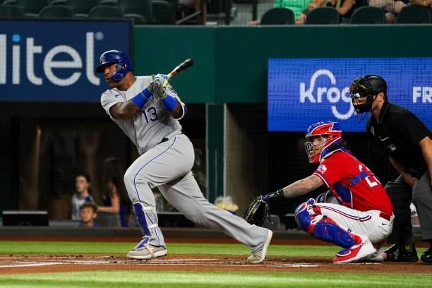 Salvador Perez of the Kansas City Royals hits during the game against the Texas Rangers at Globe Life Field on June 25, 2021 in Arlington, Texas.