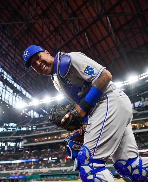 Salvador Perez of the Kansas City Royals exits the dugout prior to the game against the Texas Rangers at Globe Life Field on June 25, 2021 in...