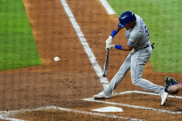 Nicky Lopez of the Kansas City Royals hits during the game against the Texas Rangers at Globe Life Field on June 25, 2021 in Arlington, Texas.