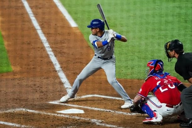 Nicky Lopez of the Kansas City Royals at the plate during the game against the Texas Rangers at Globe Life Field on June 25, 2021 in Arlington, Texas.