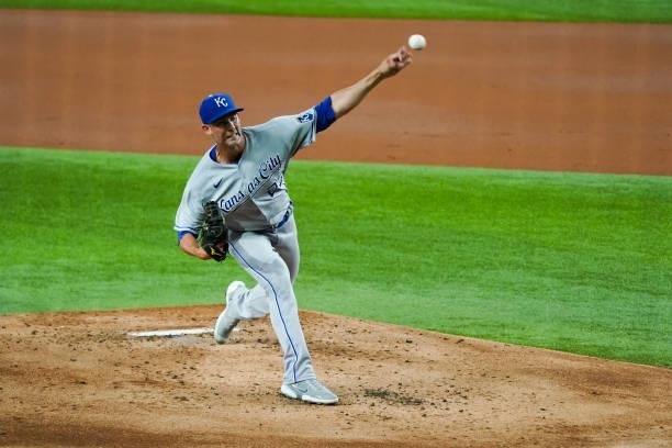 Mike Minor of the Kansas City Royals pitches during the game against the Texas Rangers at Globe Life Field on June 25, 2021 in Arlington, Texas.