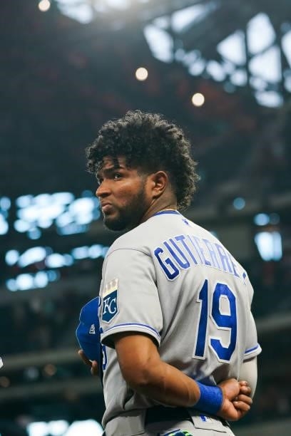 Kelvin Gutierrez of the Kansas City Royals during the national anthem before the game against the Texas Rangers at Globe Life Field on June 25, 2021...