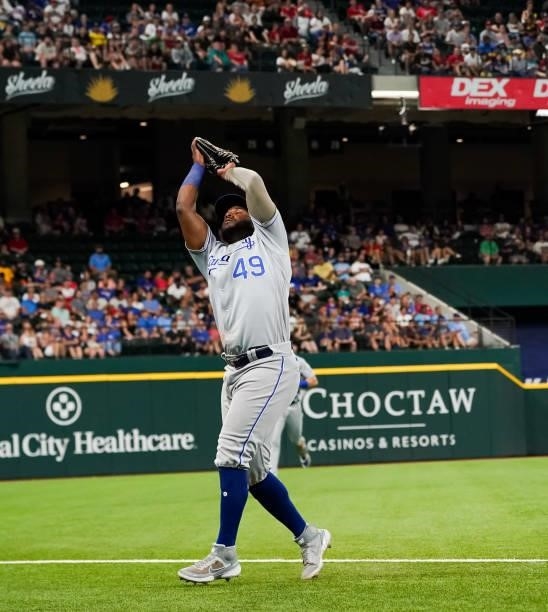 Hanser Alberto of the Kansas City Royals catches a fly ball during the game against the Texas Rangers at Globe Life Field on June 25, 2021 in...