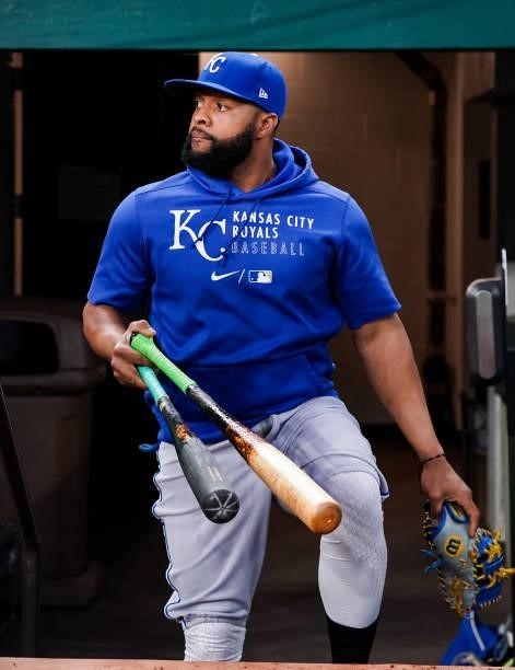 Carlos Santana of the Kansas City Royals leaves the dugout prior to the game against the Texas Rangers at Globe Life Field on June 25, 2021 in...