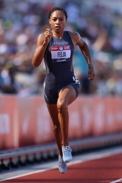 Allyson Felix competes in the Women' 200 Meters Semi-Finals during day eight of the 2020 U.S. Olympic Track & Field Team Trials at Hayward Field on...